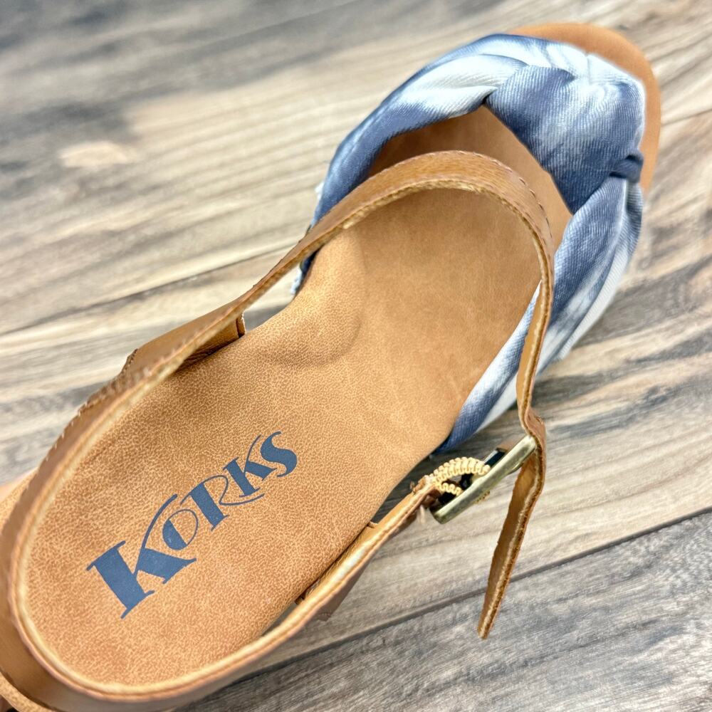 NEW Korks Kork Ease Natalia 7M Knot Clog Sandal Tan Blue Denim PU Tie Dye Combo - Picture 4 of 11